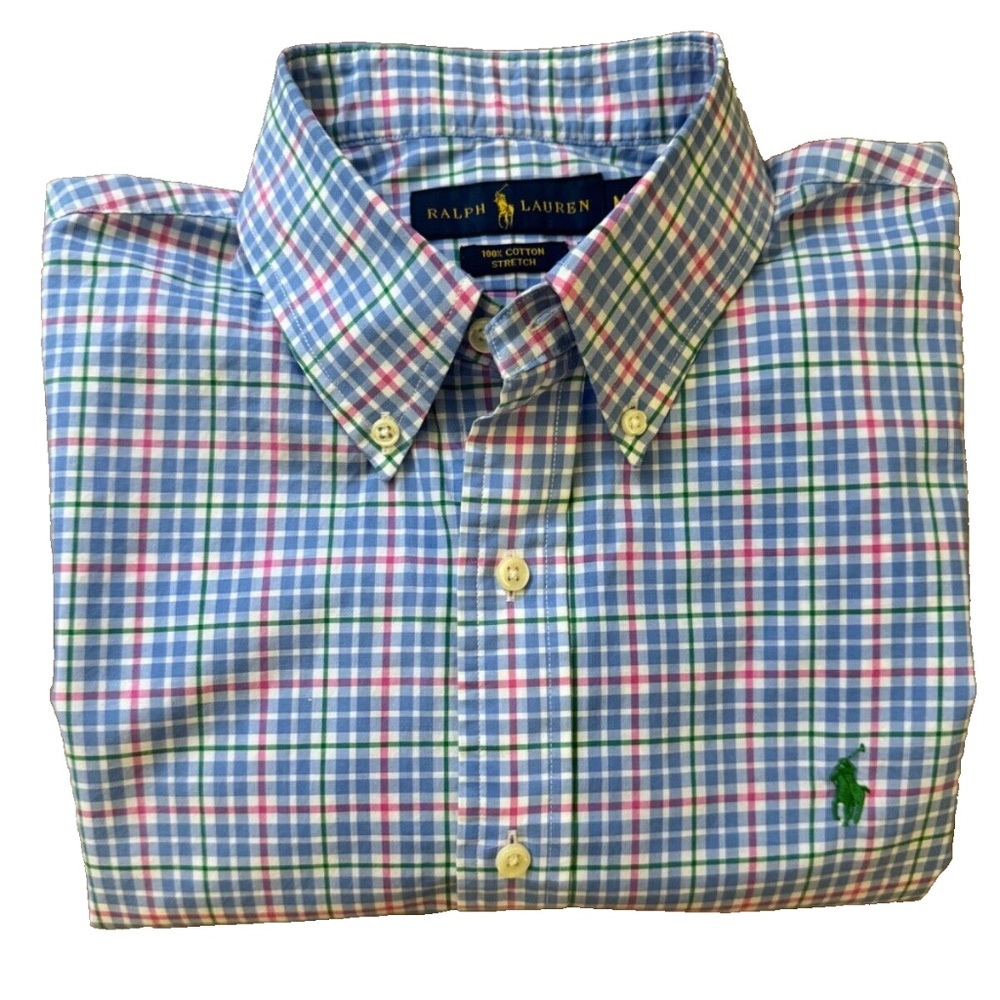 Polo By Ralph Lauren Button Down Shirt Men's M Green Blue Check Cotton Stretch